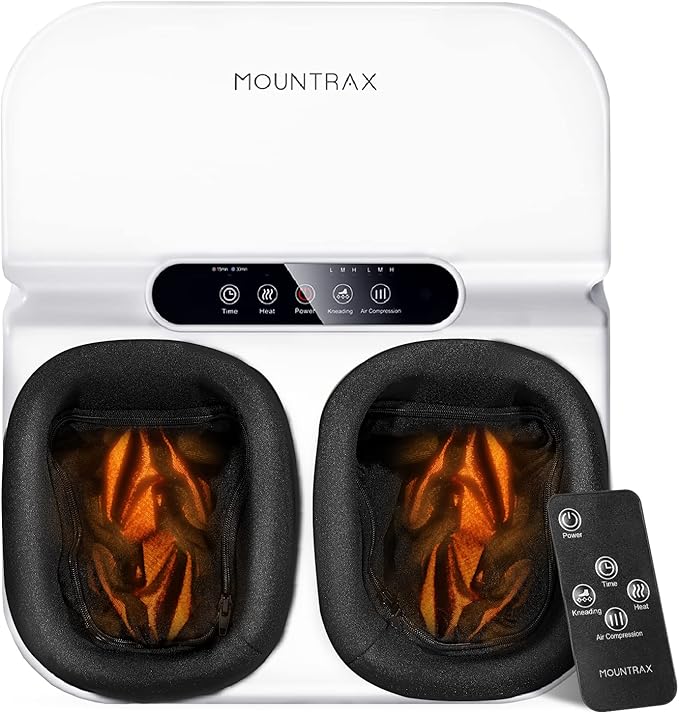 MOUNTRAX Foot Massager Machine with Heat, Foot Massager for Plantar Fasciitis, Neuropathy Pain, Shiatsu Foot Massager with Remote, Fits Feet Up to Men Size 13 (White)