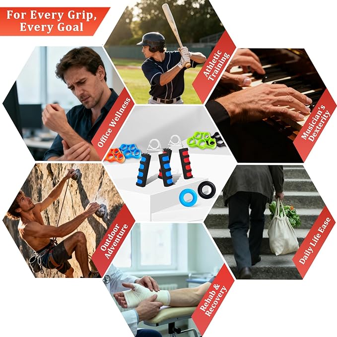 CYFIE Grip Strength Trainer Kit 8 Pack, 2pcs Foam Hand Grip Strengthener, 4pcs Finger Exerciser & 2pcs Grip Rings, Portable Forearm Workout Equipment for Workout Recovery, Office Workers, Musicians & Stress Relief