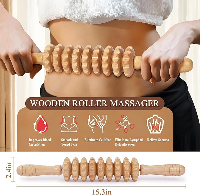 Muscle Roller Wood Cellulite Massage Roller Deep Tissue Massager Wood Therapy Massage Tools Fascia Blaster for Lymphatic Drainage, Muscle Relief(9-Wheel)