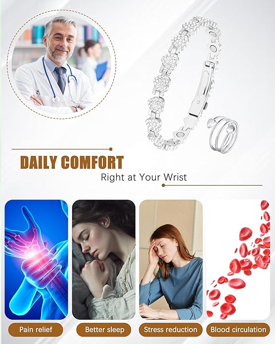 Copper Bracelet & Ring for Women, Ultra Strength Magnetic Bracelet with 3800 Gauss Magnets, Four-Leaf Clover & Infinity Heart Symbol & Crystal, Adjustable Tools and Jewelry Gift Box