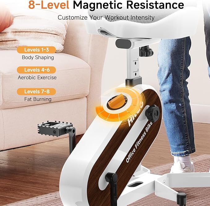Office Exercise Bike Desk Chair,330 lbs Heavy Duty Under Desk Bike with 9-Level Height Adjustable Seat 24.4"-33.8",8-Level Resistance & Rolling Wheels,Quiet Fitness Chair for Home Office