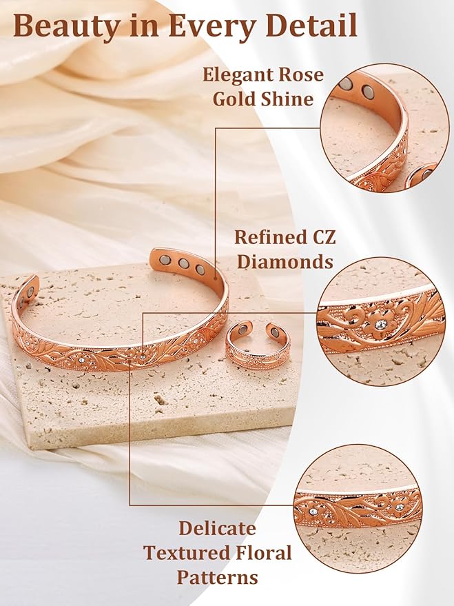 BioMag Copper Bracelet & Ring for Women, 99.99% Pure Copper Magnetic Bracelet Lymphatic Drainage Rings with 3500 Gauss Magnets, Adjustable & Flower Pattern (Rose Gold B)