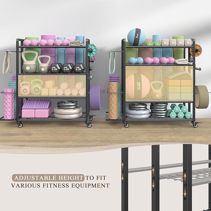 4-Tier Dumbbell Rack Stand Only, Adjustable Weight Rack for Dumbbells Kettlebells Yoga Mat, Home Gym Storage Rack with Wheels and Hooks, Powder Coated Finish
