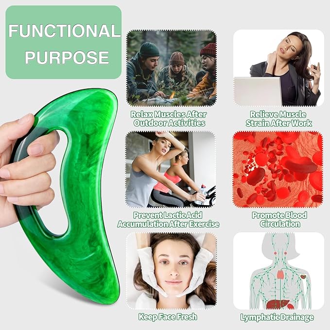 Large Gua Sha Massage Tool with Handle Large Lymphatic Drainage Massager, Resin Body Gua Sha Tool for Back Neck Face Legs, Cellulite Removal, Body Massage Tool for Women and Men (Green)