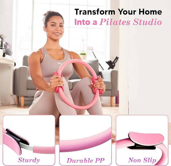 Pilates Ball and Ring Set for Women - 14-Piece At Home Pilates Kit with 12-Inch Magic Circle, 5 Resistance Bands, Home Workout Equipment for Full Body Training (Pink)
