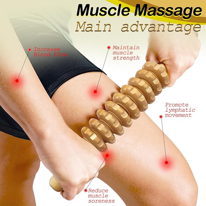 Manual Massager Wooden Handheld Roller Trigger Point Massager Stick for Fascia, Cellulite, Muscle & Abdomen, Body Therapy Massager, Muscle Belly Relief Tool, Natural Wood