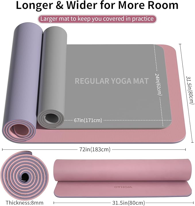 Extra Thick 8mm Yoga Mat, 72"x28" Non Slip Exercise Mat, Reversible 2-Sided Dual Color Premium POE Material, with Carrying Strap for Yoga, Pilates, Home Gym