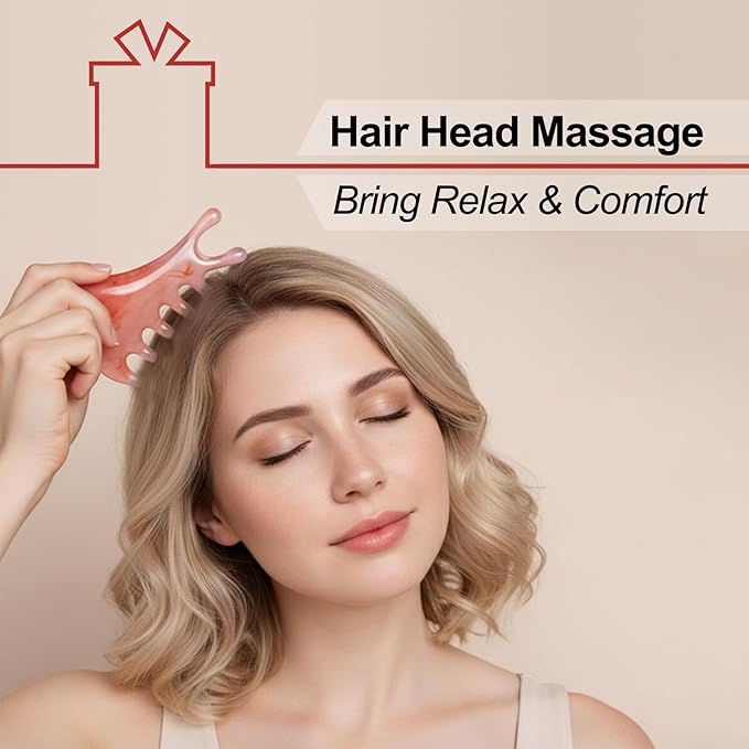 Premium 6 in 1 Head Scalping Massage Tool Comb for Hair|Head|Face|Eye|Neck|Resin Whole Body GuaSha Tool|Vintage Gift Package Relieve Stress Stay Young Home Massage Time-Penny Saver (Resin Pink)