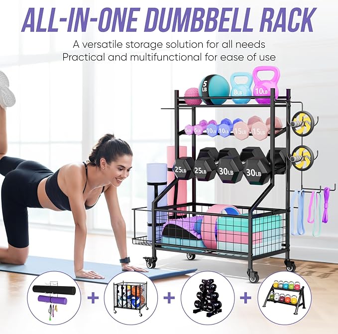 WUC Dumbbell Rack, Adjustable Weight Rack for Home Gym Storage, All-in-One Workout Storage Racks with Wheels and Hooks for Dumbbells, Kettlebells, Yoga Mats & Balls, Durable Powder Coated Steel, Black