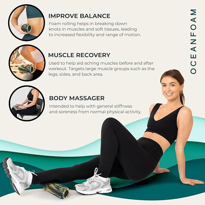 Oceanfoam Ripple Travel Foam Roller (11" x 3.35") Firm Mini Foam Roller for Physical Therapy, Deep Tissue Massage, Back Pain - High Density, Wave Textured - Yoga (Hunter, Gold & Natural Marbled)