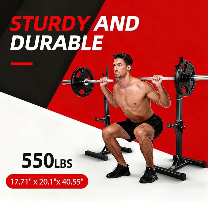 JupiterForce Adjustable Squat Rack Stands Pair of Sturdy Steel Bench Press Rack, Barbell Rack, 40''-66'' 550lbs Max Load Portable Weight Lifting Dumbbell Racks Stands for Home Gym, Black