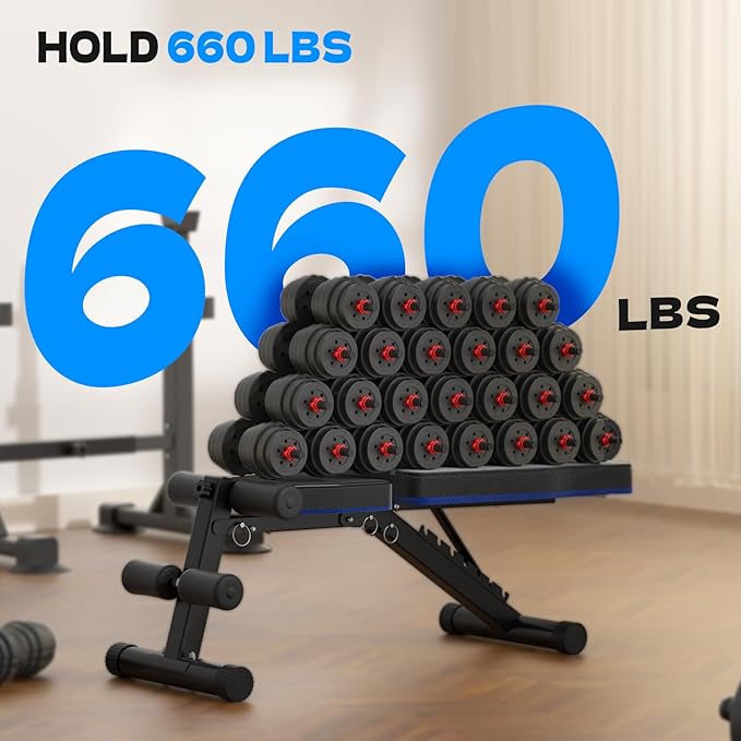 Adjustable Folding Weight Bench for Home Gym, 660 lbs Capacity Multi-Functional Workout Bench Sturdy Durable for Full Body