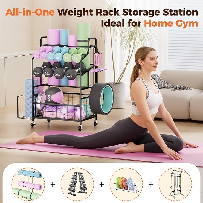 HavenlyYouth Dumbbell Rack, Home Gym Weight Rack Storage, Adjustable Dumbbell Stand Organizer with Wheels, Holds Dumbbells, Kettlebells, Yoga Mats