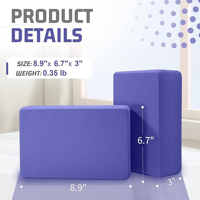 2 Pack 3"x6"x9" EVA Foam Yoga Block Supportive Latex-Free, Non-Slip Exercise Blocks for Pilates, Meditation, Balance, Stretching and Deep Poses