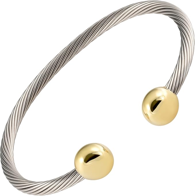 2 Tone All Stainless Steel Magnetic Bracelet High Power Magnets, For Men and Women, Adjustable Bangle