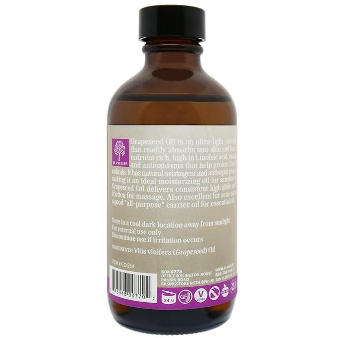 Plantlife Grapeseed Carrier Oil - Cold Pressed, Non-GMO, and Gluten Free Carrier Oils - for Skin, Hair, and Personal Care - 4 oz