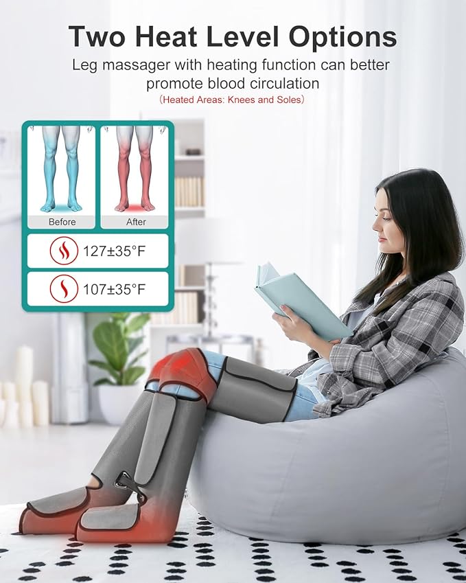 Nekteck Leg Massager for Circulation and Pain Relief, Air Compression Foot Calf Thigh Massager with 2 Heat and 3 Vibration Functions, 6 Modes 3 Intensities, Help for Muscles Relaxation