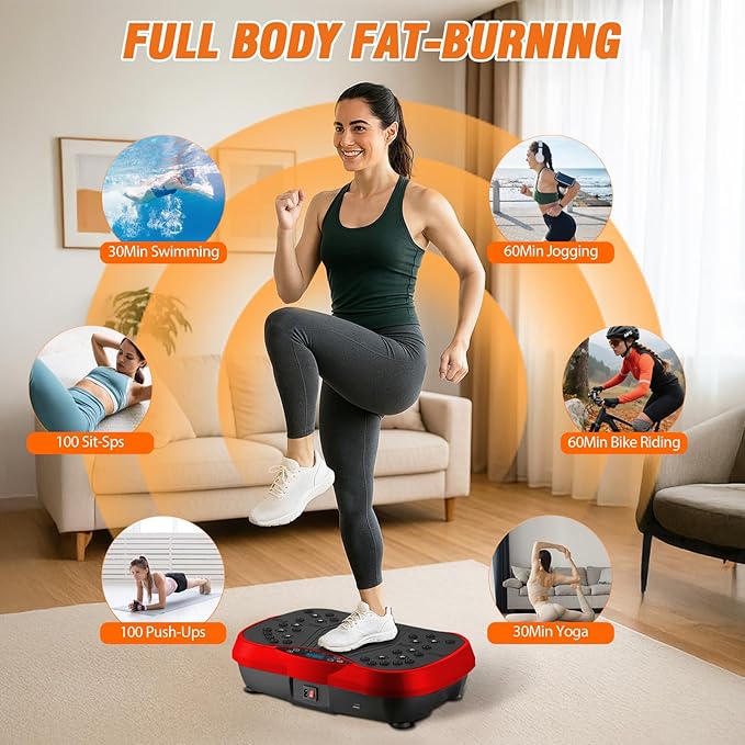ALSO GO Vibration Plate Exercise Machine, 10 Modes & 200-Level Vibration Platform for Weight Loss/Lymphatic Drainage, 400lbs Vibration Board with Music and Resistance Bands for Full Body Workout, Red