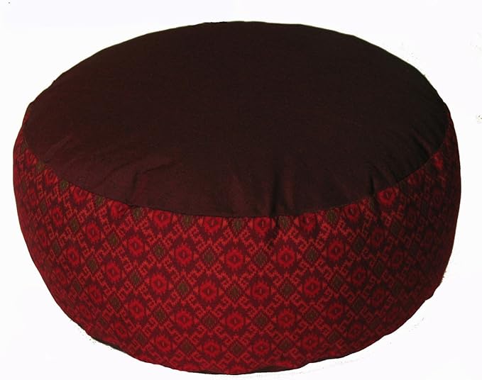 Meditation Cushion Zafu Pillow - Buckwheat and Kapok Fill - Ikat Burgundy