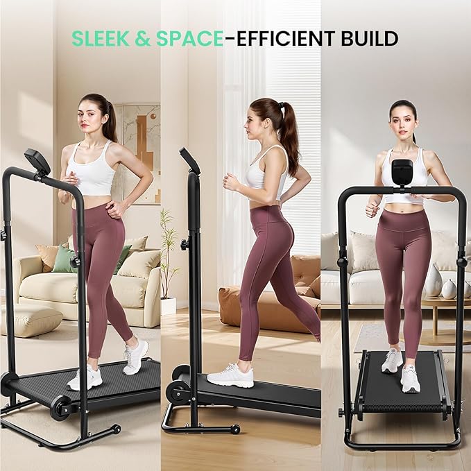 Non-Electric Treadmill with Dual Flywheel & Fixed Incline - Motorless Treadmill with LCD Monitor, Non-Slip Belt, Compact Foldable Design for Small Home/Gym Use, Soft Foam Grips for Walking/Jogging
