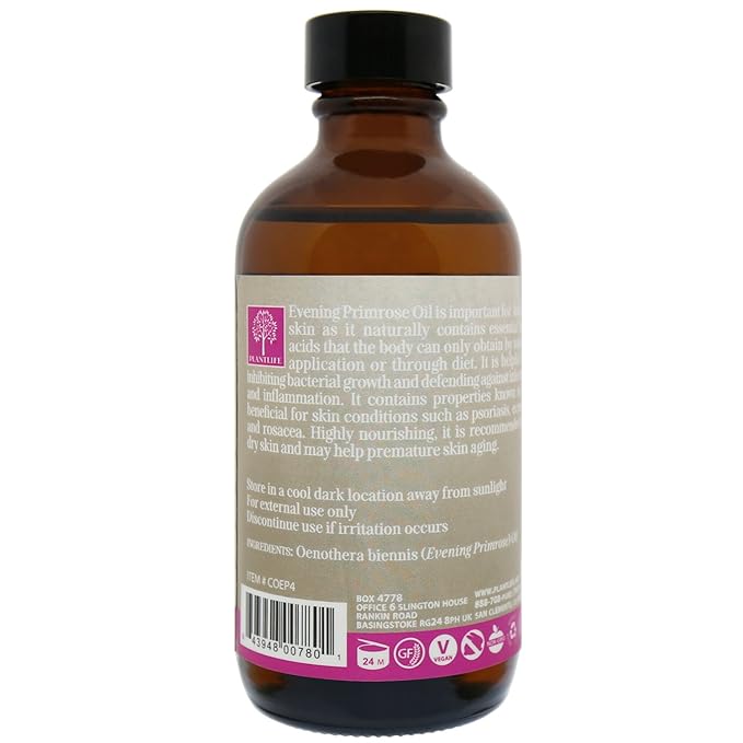 Plantlife Evening Primrose Carrier Oil - Cold Pressed, Non-GMO, and Gluten Free Carrier Oils - for Skin, Hair, and Personal Care - 4 oz