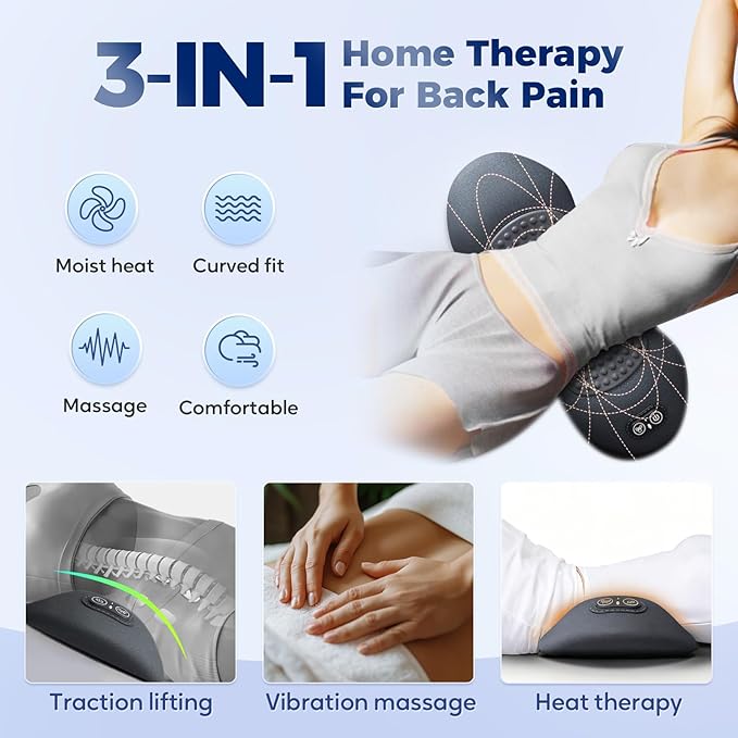 Smooth Triple Fusion Back Massager, 2026 Upgrade Electric 3 in 1 Lumbar Pillow for Bed and Chair, Back Massager with Vibration and Traction for Back and Neck and Shoulder (Dark Gray)