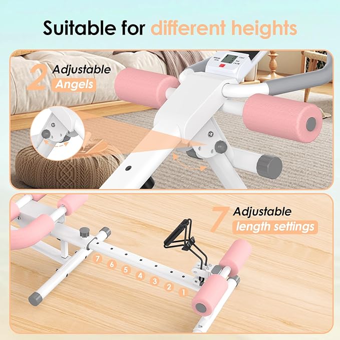 Foldable Ab Machine, 5-in-1 Adjustable Ab Trainer for Home Gym, Full-Body Core Workout Equipment with 10 Length Levels, LED Display & Silent Rollers | Sit-Up & Rowing Machine for Abs Sculpting