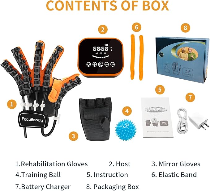 Rehabilitation Robot Gloves Equipment for Stroke Recovery, Hand Strength Exercise, and Adaptive Training Hemiplegic Finger with USB Chargeable Orange (Size Large) Right Hand