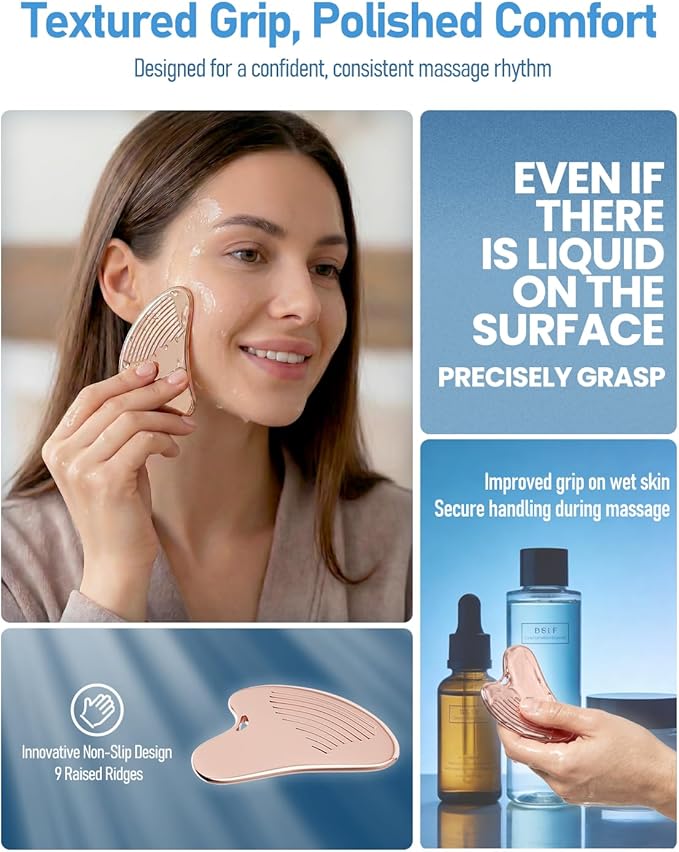 Non-Slip Grip Stainless Steel Gua Sha Tool for Face, 2026 Updated Ribbed Facial Guasha Massage Tool Cooling Metal Face Massager Scraper for Jawline Sculpting Cheeks & Chin, Present for Women Mother