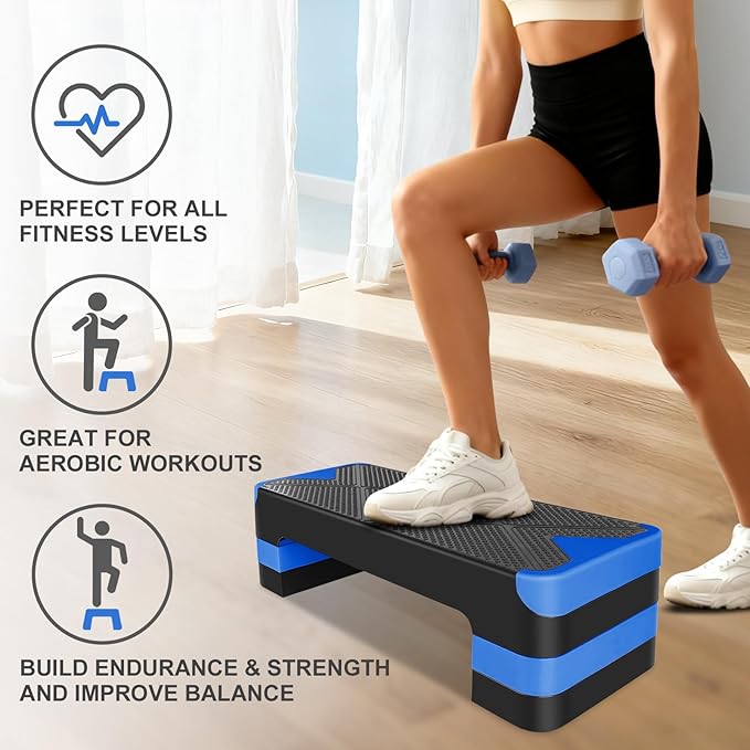 MIUDGIG 27" Exercise Workout Aerobic Step Platform Trainer, Adjustable Fitness 4-6-8in Exercise Stepper Workout with 4 Risers, Aerobics Stepper Workout Stepper for Home Gym Cardio Strength & Training