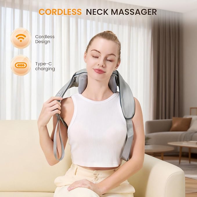 4D Wireless Deep Tissue Kneading Neck Massager,Shiatsu and Shoulder Massage Pillow,Massager with Heat,Back and Leg Pain Relief, Body Muscle Pain Relief, Perfect Gifts for Men Women. (Grey)