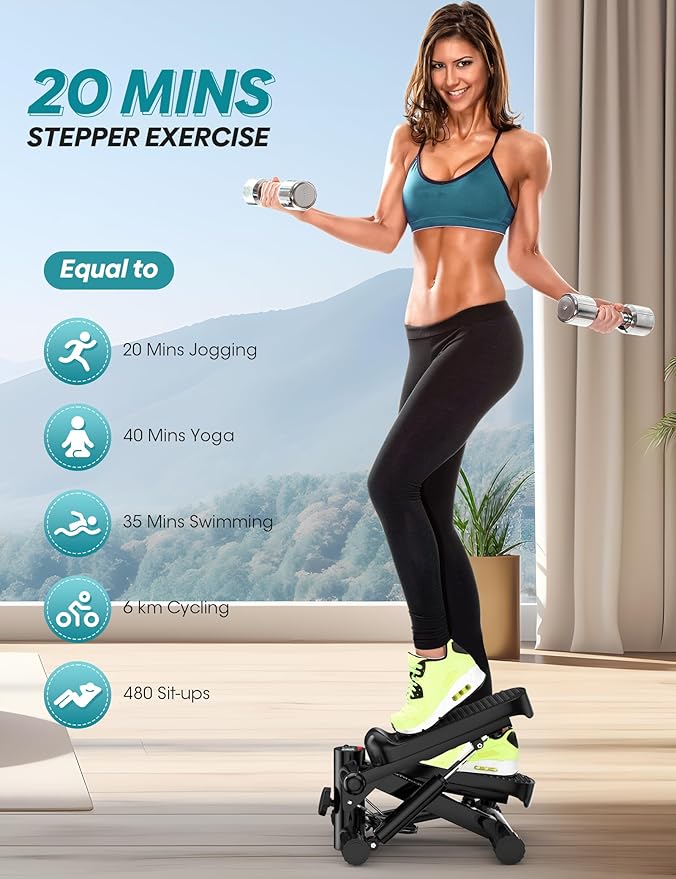 Mini Portable Stepper Machine with Resistance Bands - 330LBS Weight Capacity, Adjustable Height, LED Monitor for Full Body Workout