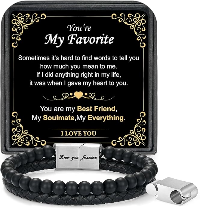 LUXEJEW Gifts for Men - Beaded Leather Bracelet 6mm Matte Agate Stone Bracelets for Men Dad Son Husband Boyfriend Grandpa Grandson Brother Uncle Nephew Adjustable Magnetic Clasp