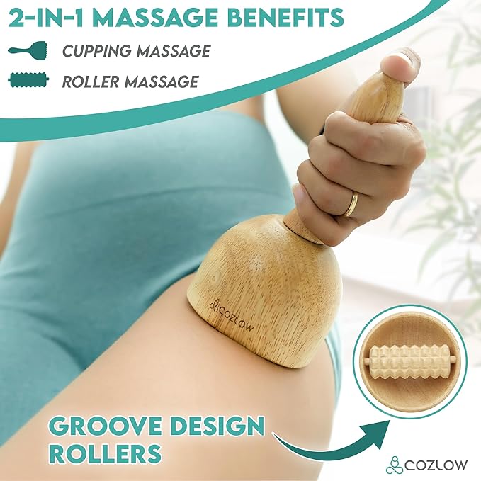 COZLOW Wood Therapy Massage Cup w/Roller, Maderoterapia Massager for Body Sculpting - Wooden Cupping Massage Tool for Lymphatic Drainage - Maderotherapy Helps Reduce Cellulite Appearance