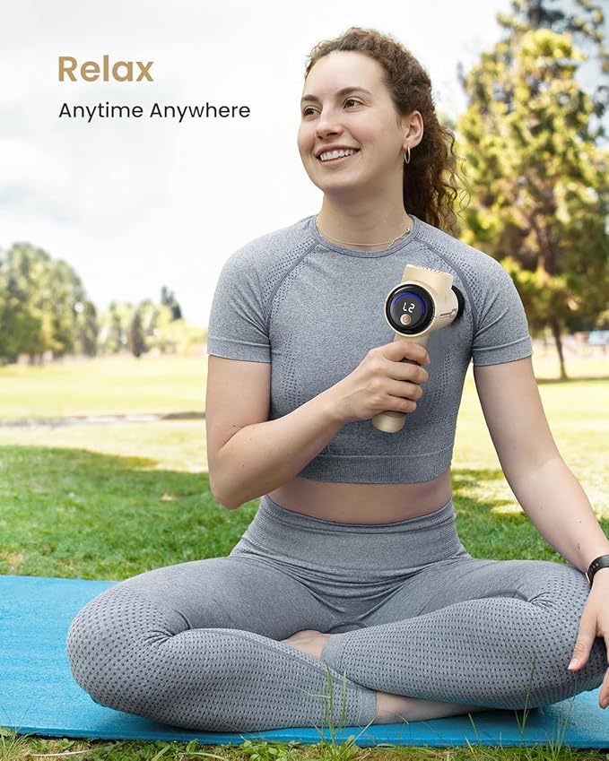 RENPHO Active Massage Gun, Deep Tissue Percussion Massager for Back and Neck, Portable Handheld Massager with 5 Speeds, 5 Attachments, Carry Case, Beige