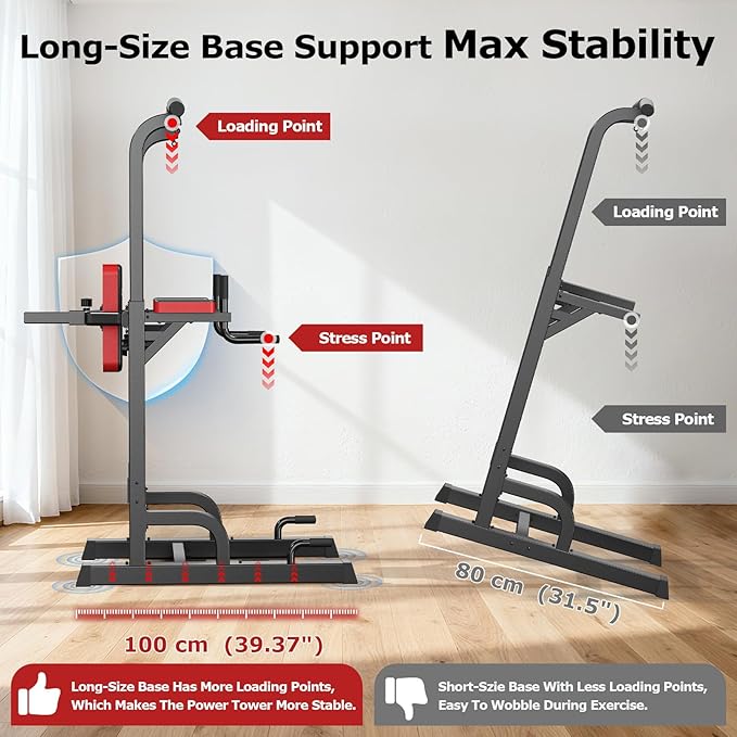 Pooboo Power Tower Dip Station Pull Up Bar for Fitness Home Gym Workout,450 Pounds Multi-Function Adjustable Height Fitness Strength Training Exercise Equipment,with Power Elastic Ropes