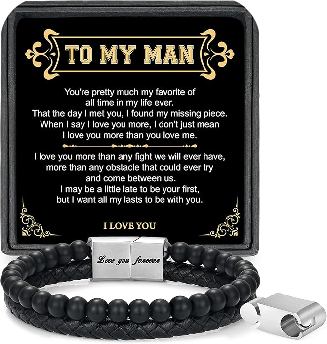LUXEJEW Gifts for Men - Beaded Leather Bracelet 6mm Matte Agate Stone Bracelets for Men Dad Son Husband Boyfriend Grandpa Grandson Brother Uncle Nephew Adjustable Magnetic Clasp