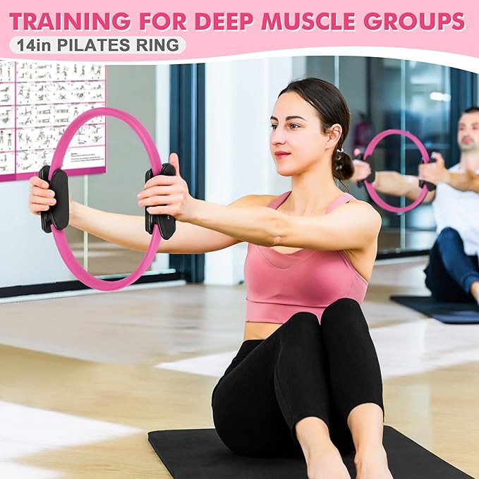 Pilates Ring Set Exercise Equipment, with Exercise Resistance Bands Set, Pilates Ball, Sliding Disks. Portable Home Gym - with Fitness Guide Poster