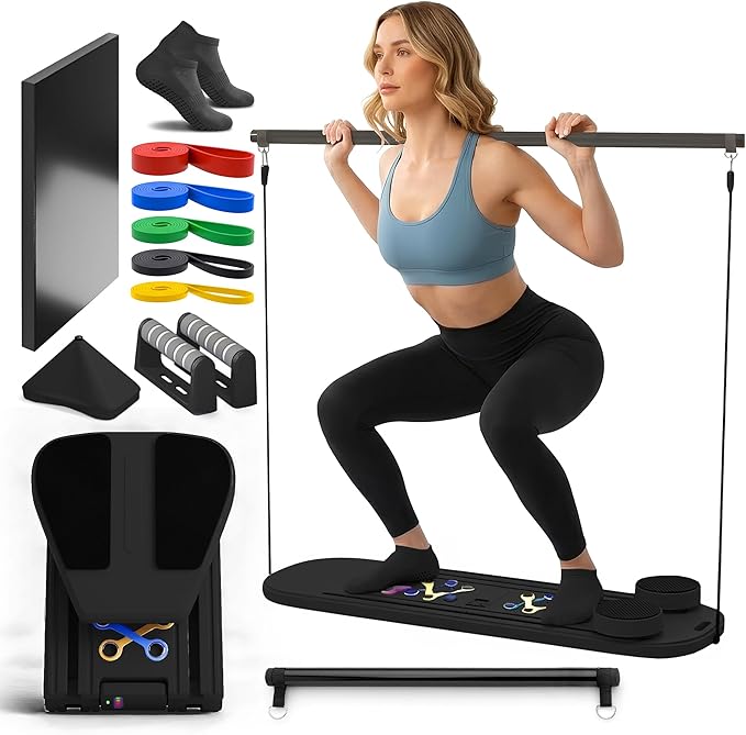 Pilates Board, 9 in 1 Multi-Purpose Foldable Pilates Reformer Set, Portable Pilates Reformer Board with Yoga Socks & Resistance Bands, Best for Women Fitness & Exercise at Home Pilates Workout Board