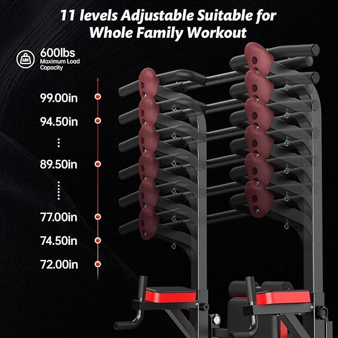Pooboo Power Tower Dip Station Pull Up Bar for Fitness Home Gym Workout,450 Pounds Multi-Function Adjustable Height Fitness Strength Training Exercise Equipment,with Power Elastic Ropes