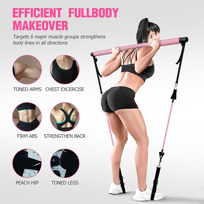 Pilates Bar Kit with Resistance Bands, Multifunctional Pilates Bar for Women & Men with Heavy-Duty Metal Adjustment Buckle, Pilates Home Equipment for Full Body Workouts