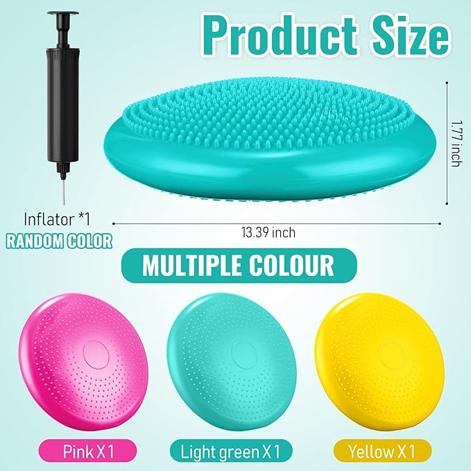 Leitee 3 Pcs Inflated Wobble Cushion Exercise Wiggle Seat for Sensory Flexible Seating Wobble Board Balance Disc Sensory Wiggle Seat Pad for Office Chair with Air Pump