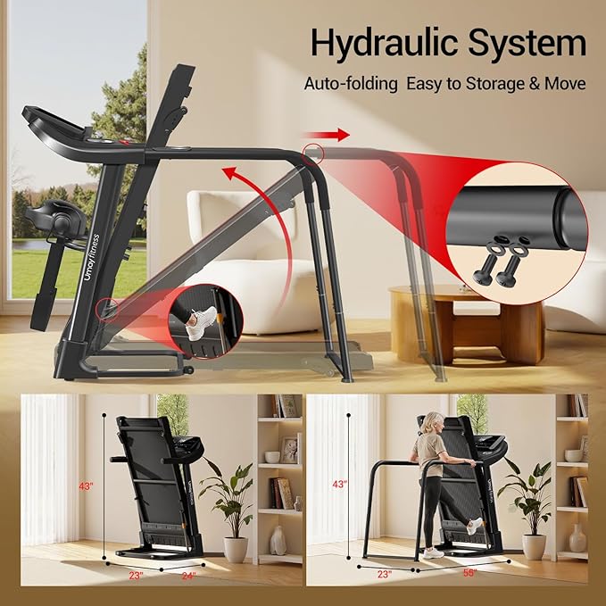 UMAY Fitness Rehab Treadmill with Extended Handrails & Belt for Safety & Balance, 0.1 Increment for Start & Stop, Pulse Sensors, Auto-Folding Home Recovery Treadmill, 300 LBS Capacity