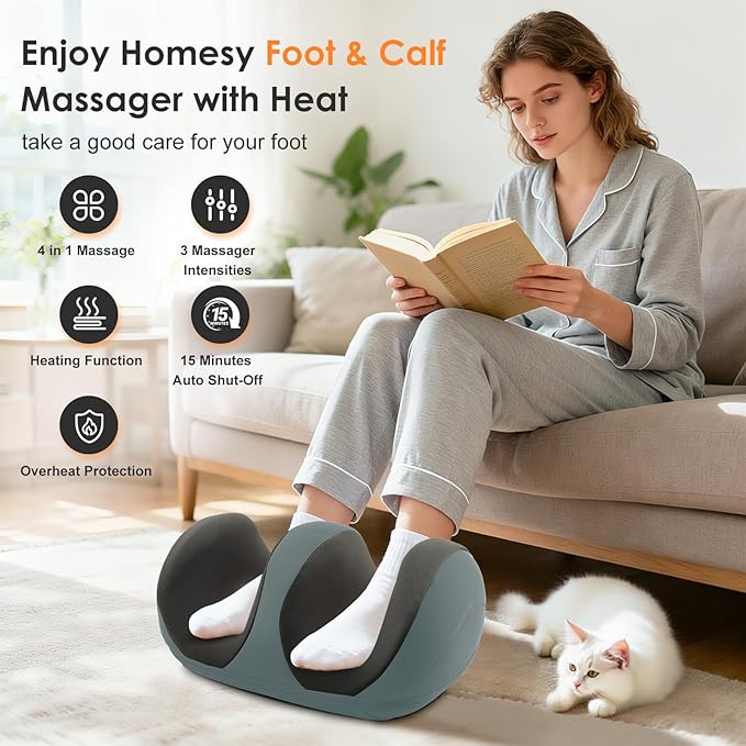 Foot Massager with Heat, Shiatsu Kneading Foot and Calf Electric Massager Machine with Roller, Massage Feet/Arm/Calf/Ankle for Relax, Plantar Fasciitis, Pain Relief, Gifts for Women & Men, Grey