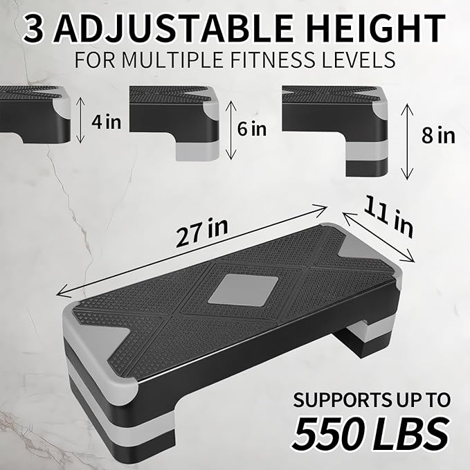 27" Aerobic Exercise Step Adjustable Aerobic Stepper for Exercise Workout Step Platform for Step Up, Step Deck with 4” 6” 8” Adjustable Height Risers