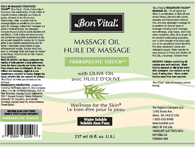 Bon Vital' Therapeutic Touch Massage Oil, 8oz Pump, Unscented Massage Oil for Massage Therapy With Olive Oil, Lightweight Non-Greasy Formula, Professional-Grade for Dry Skin and Sore Muscles