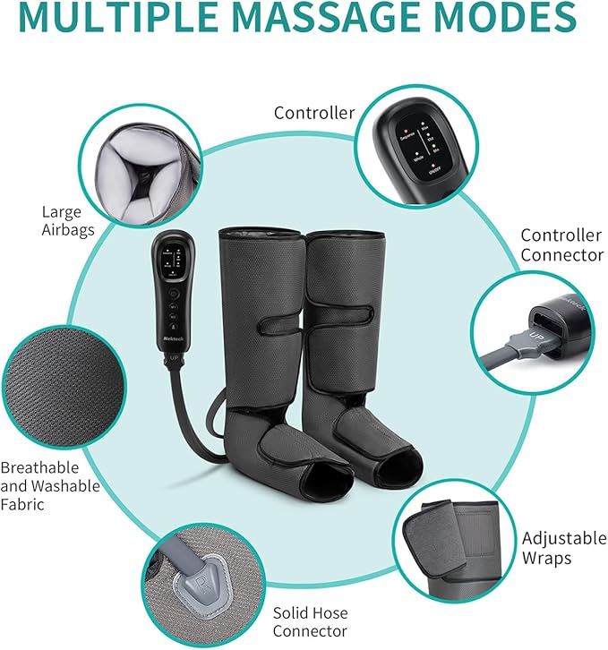 Nekteck Leg Massager for Circulation and Relaxation, Air Compression Foot and Calf Massager to Relieve Pain Edema Swelling with 2 Size Extensions, Gift for Mom Dad Men Women