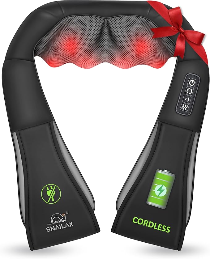 Snailax Cordless Massager - Shiatsu Neck and Shoulder Massager with Heat, FSA Eligible, Portable, Lumbar, Back Electric Massage Pillow, Christmas Gift