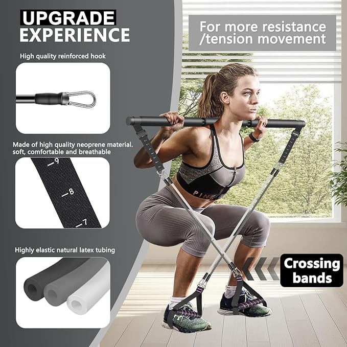 Pilates Bar Kit with Resistance Bands,Ab Roller,2 in 1 Foot Strap & Handle,Door Anchor Pilates Equipment with Resistance Bands, Portable Home Gym Yoga Fitness Bar for Women & Men
