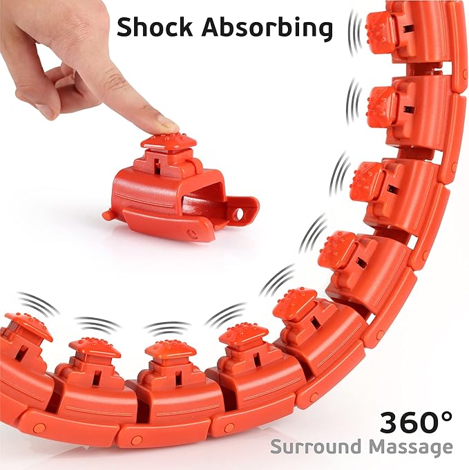 Teal Elite Smart Weighted Hula Hoop for Adults Weight Loss– Fully Adjustable with 24 Detachable Knots – 2 in 1 Abdomen Fitness Massage Infinity Hoops - RED